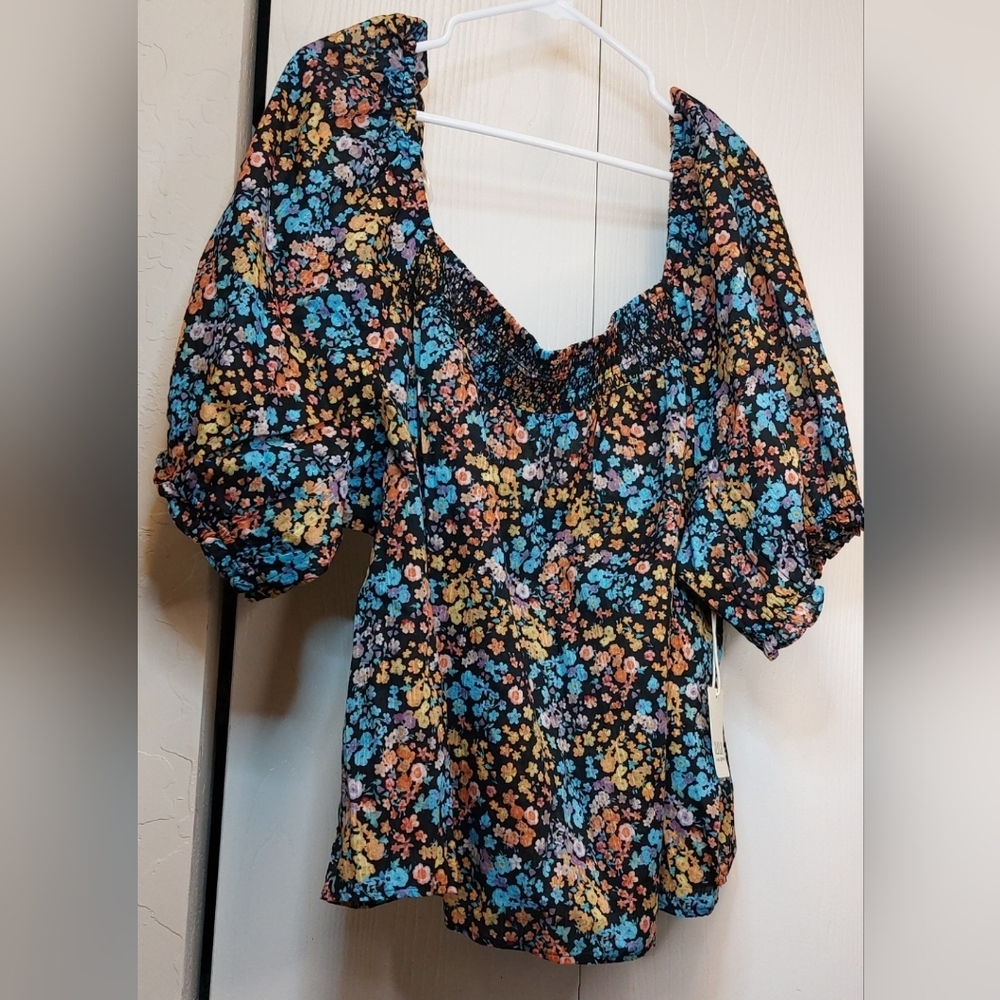 ANA Floral Scoop Neck Top NWT Pouf Sleeves Boho 100% Cotton Blouse Romantic